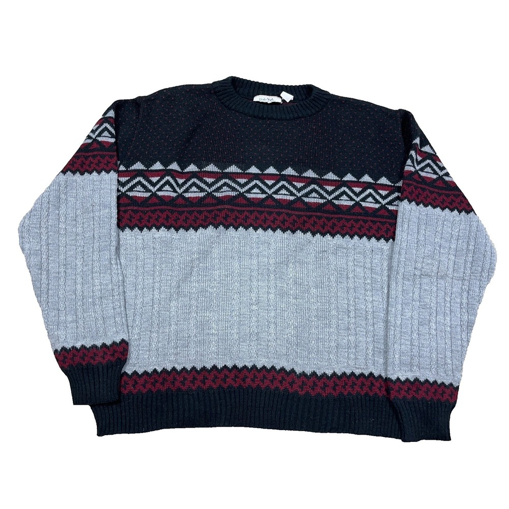 Vintage Grandpa Sweater Men Medium Gray Geometric Nordic Birdseye 90s Knit Cosby